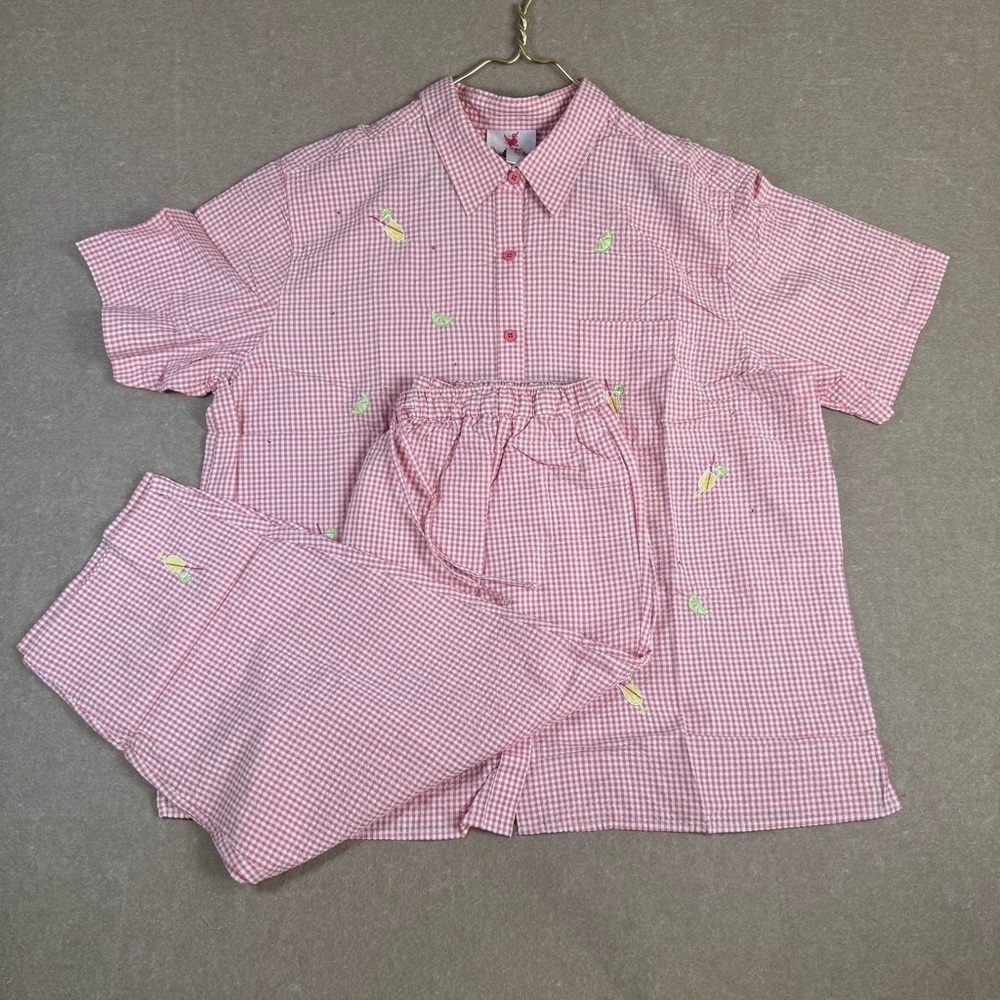 Quacker Factory Pink Gingham set with Embroidered Cocktail and lime Design